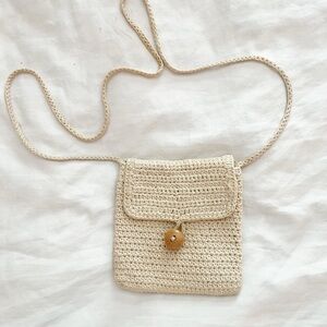 Vintage Cream Crochet Crossbody Bag with Button Cottagecore Boho Purse